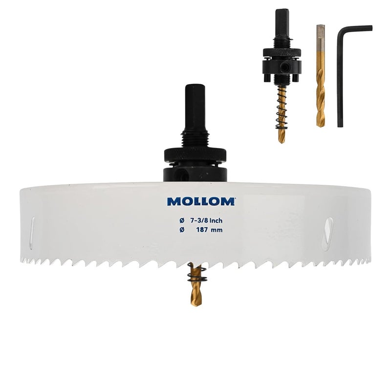 Mollom (187mm | 7-3/8") HSS M42 with 8% Cobalt BI-Metal Hole Saw with 2 Pilot Drill Bits & Arbor Smooth Cutting for PVC,Drywall,Wood,Plastic,Gypsum Board,Rubber - Image 1